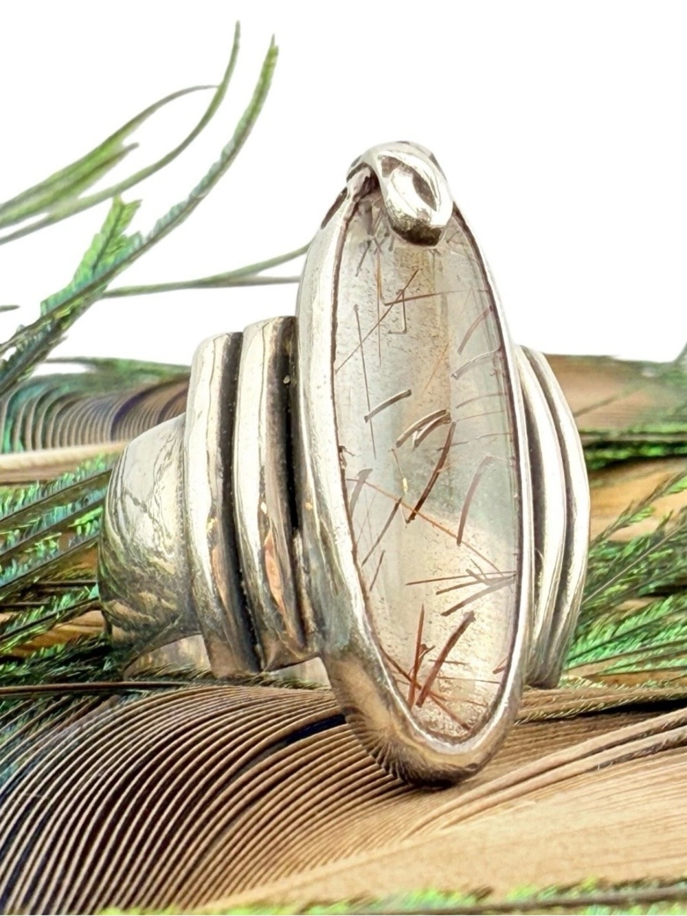 Vintage 1994 Sterling Silver Rutilated Quartz Statement Ring Size 9.75